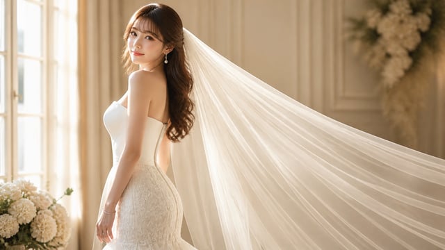 高端超写实婚纱时尚人像，优雅欧式室内，电影感16:9宽屏。新娘靠近中左位置，大腿中部至头顶取景。长款大教堂婚纱头纱宽幅延伸至画面右半侧——与左侧柔和发光窗户形成发光半透明的视觉平衡。人物：年轻成年新娘