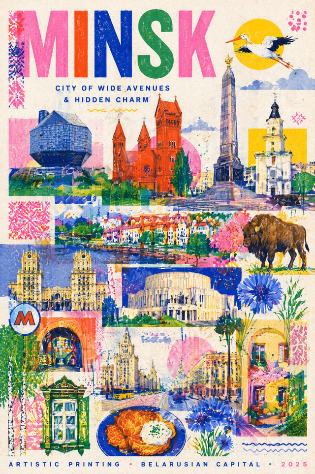 Create a stylish modern travel poster inspired by risography about Minsk, Belarus. Use simplified il