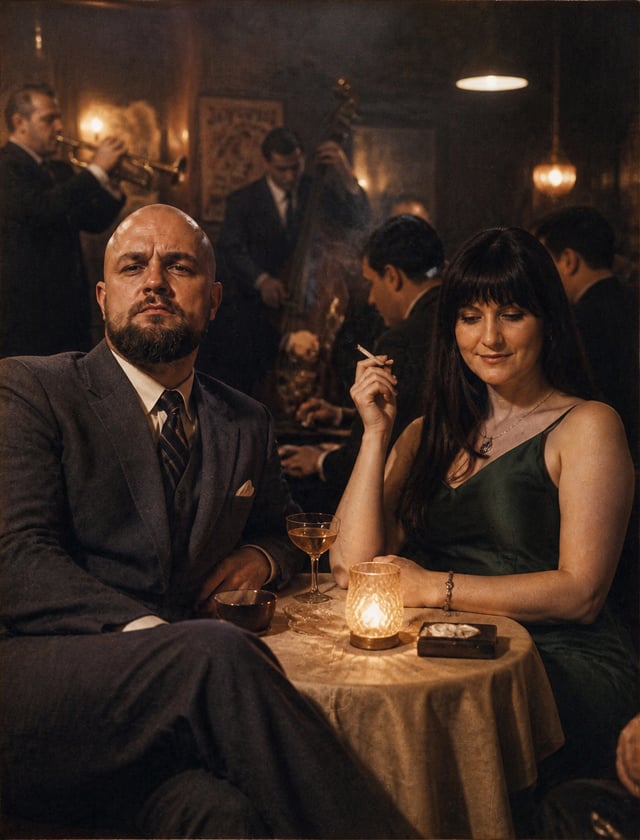 1955 underground jazz club, smoky atmosphere, elegant men in tailored suits and women in classic dre
