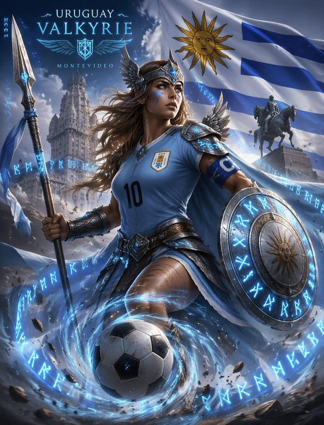 Uruguay Clash ValkyrieКапитан Уругвая как валькирия Clash, небесно‑голубые руны, Монтевидео и флаг У