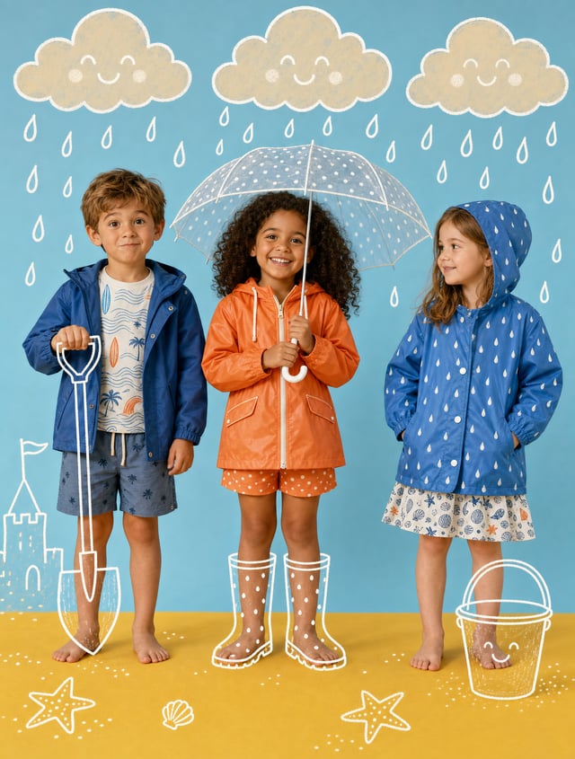 A bright, whimsical studio portrait features three children standing in a row against a solid light 