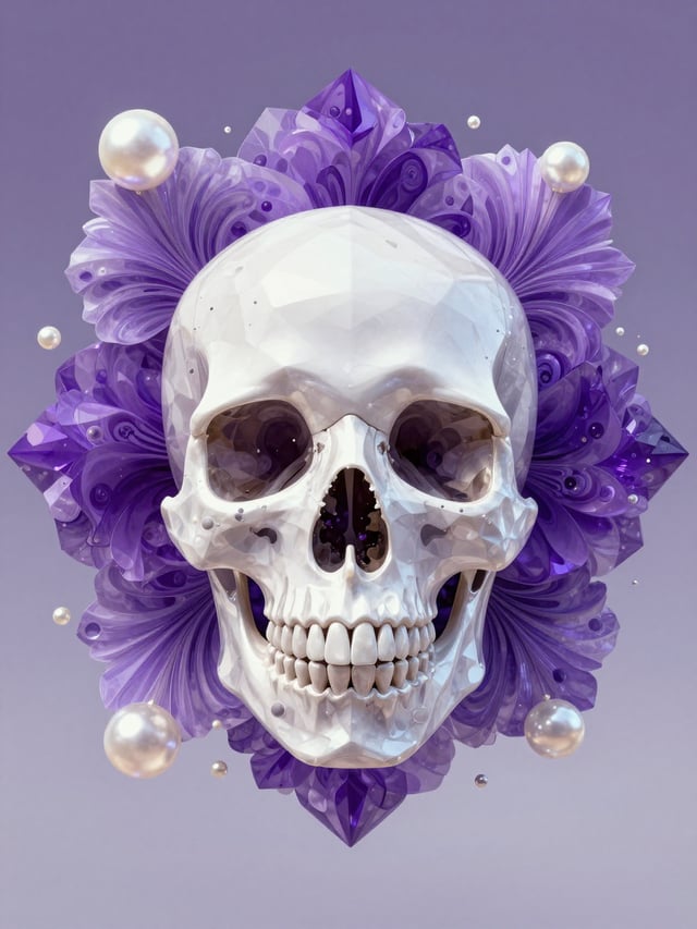 A Crystal Skull depicted in an Interdimensional Polygon Bloom, where three-dimensional shapes burst 