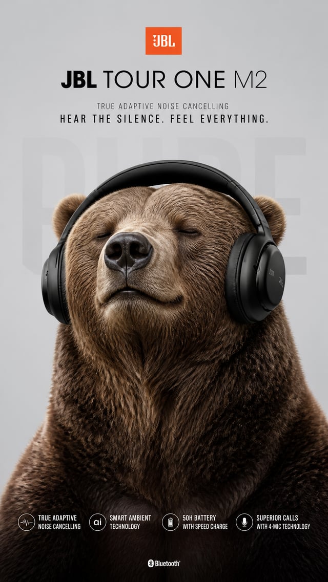 Ultra realistic commercial poster of a massive brown grizzly bear peacefully enjoying music while we