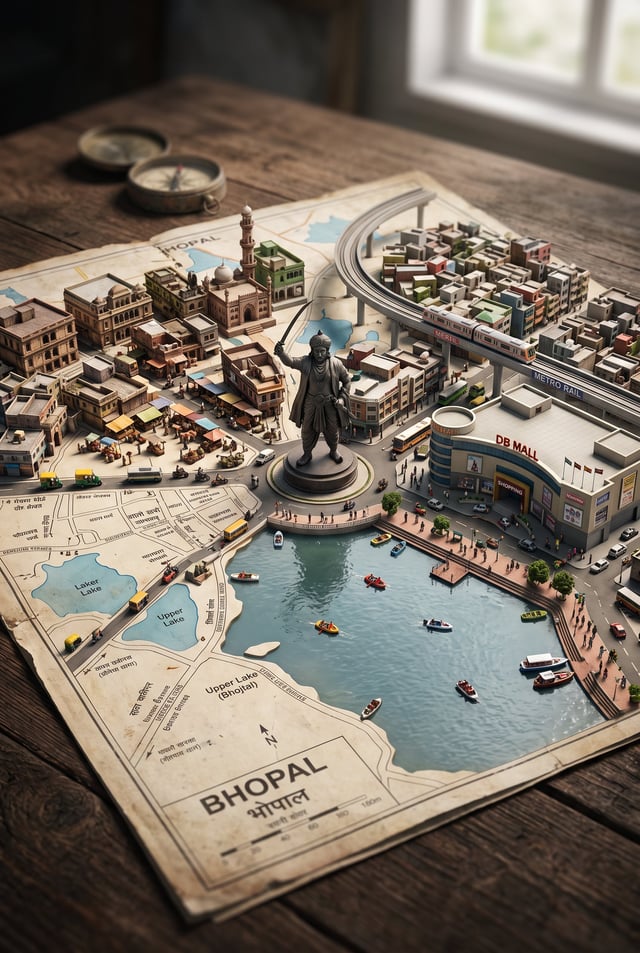 A street-style map of bhopal india placed on a {MAP_SURFACE}, with a photorealistic miniature versio