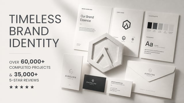 A sleek, minimalist visual advertisement for brand identity architecture. The center showcases a cle