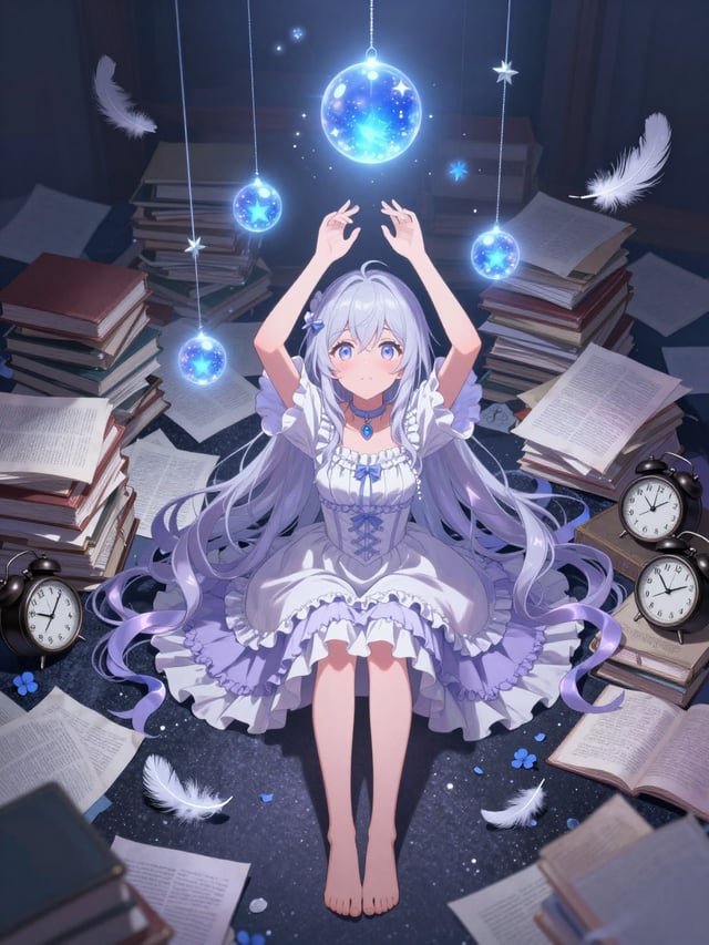 A young girl with long, pale lavender hair sits cross-legged on a dark, glittering floor, her bare f