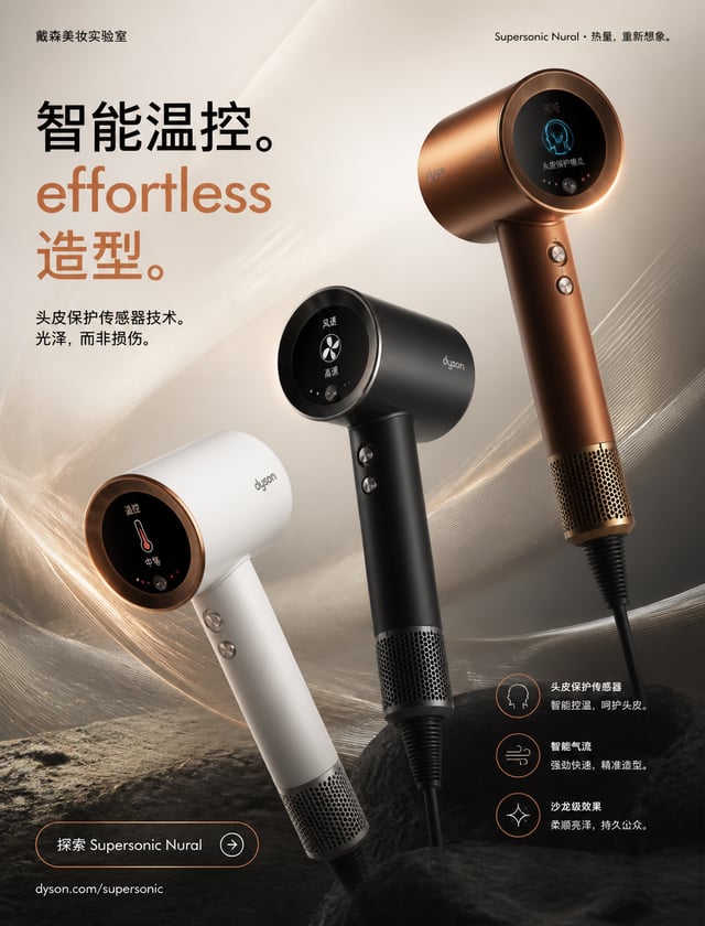 【版式规格】超高端竖版奢华 campaign 海报，8K 电影级产品摄影，戴森级工程优雅，香奈儿级户外广告牌层级。深邃电影级渐变背景：哑光陶瓷白、温暖香槟金、标志性戴森铜，柔和体积光， subtle 