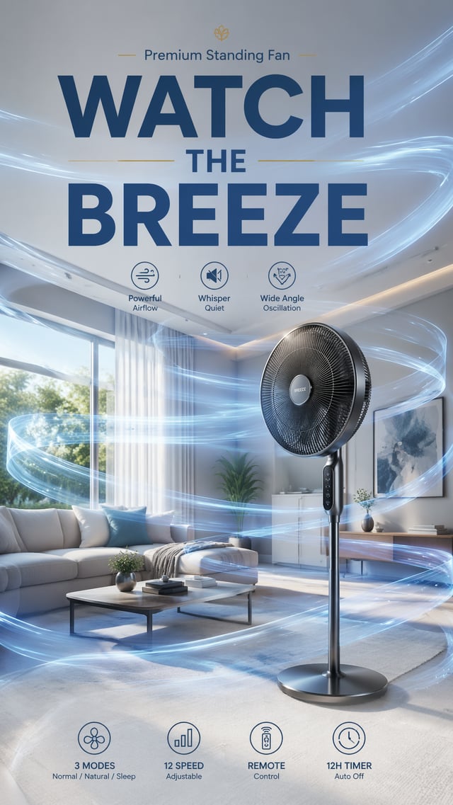 Premium Standing FanThe wind becomes rotating transparent ribbons surrounding the room.Headline:WATC
