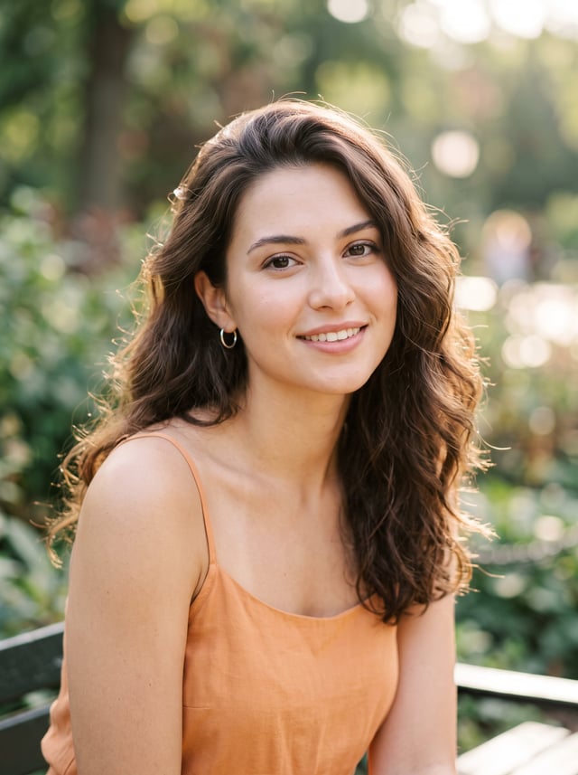 A young woman with voluminous, soft-waved dark chestnut hair gazes directly at the camera, her skin 