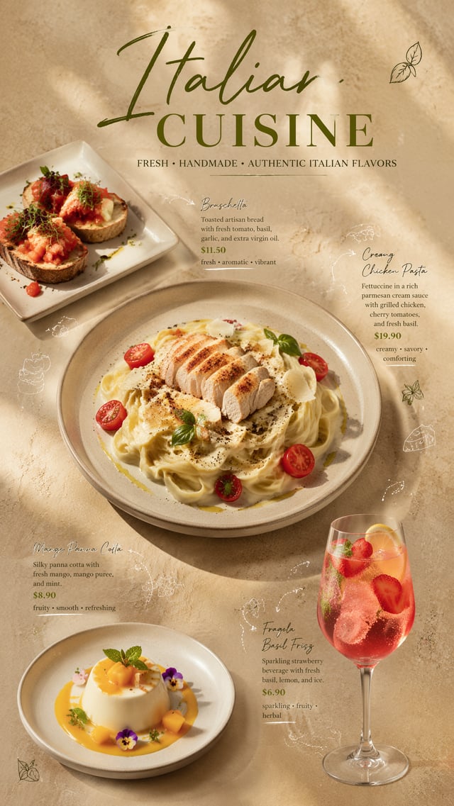 Theme: Italian CuisineCreate an elegant 9:16 vertical restaurant campaign poster for a modern Italia
