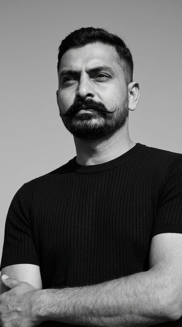 Ultra-realistic black-and-white editorial portrait, low-angle shot, 4:5 aspect ratio. The man fills 