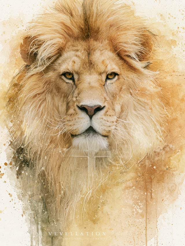 Watercolor painted lion with flowing mane, soft gold and amber tones, cross watermark behind lion, s