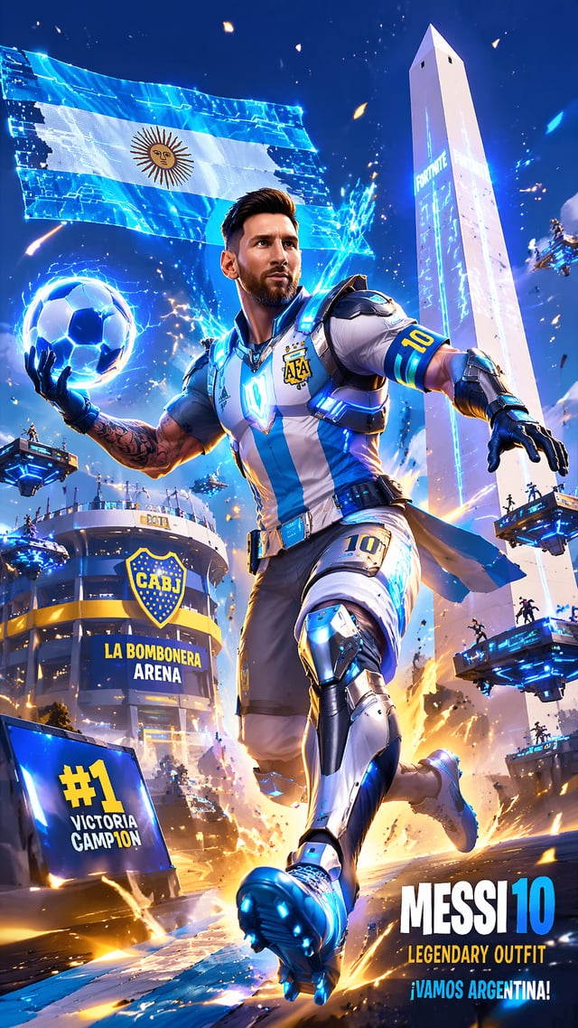 vertical 9:16, Argentina national team captain reimagined as a Fortnite legendary hero,sleek blue‑wh
