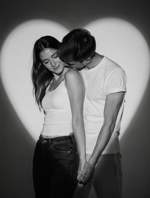 Create a romantic black-and-white studio portrait of a real skinny, not medium weighed, couple stand
