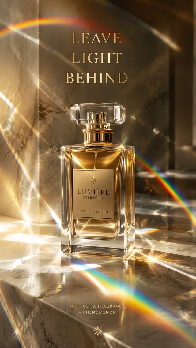 A premium 9:16 fragrance advertising poster.Main Subject:A luxury perfume bottle.The invisible fragr