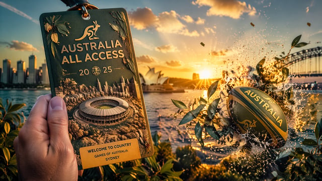 Australia Design a sunburnt green and gold pass: hand holds a textured pass with Sydney diorama and 