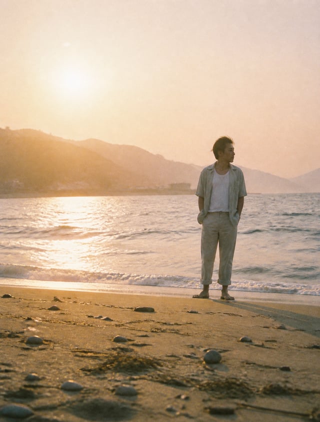 A hazy beach scene at golden hour with a Japanese man in his early 30s standing near the shoreline, 