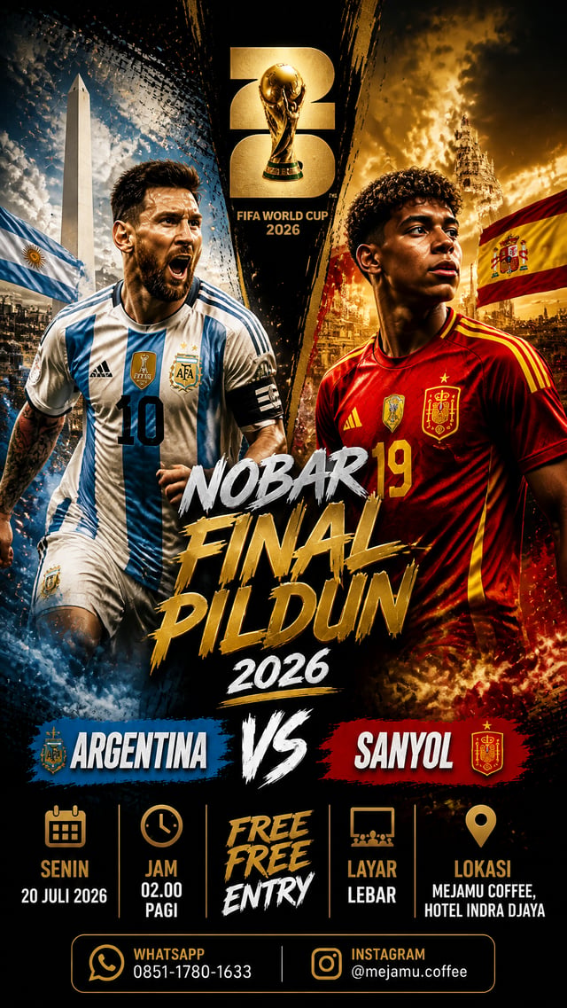flyer ukuran story pertandingan Piala Dunia FIFA 2026 bergaya sinematik dengan detail sangat tinggi,