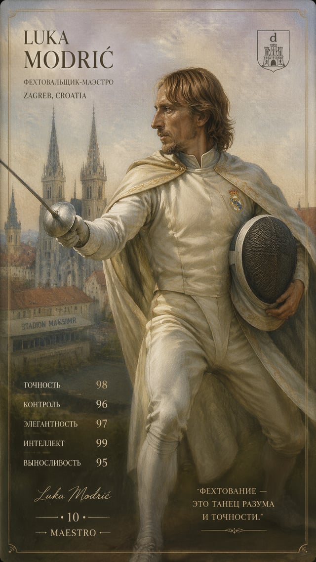 Luka Modrić — Фехтовальщик‑маэстро «Элитная коллекционная карточка 9:16, Luka Modrić в фехтовальной 