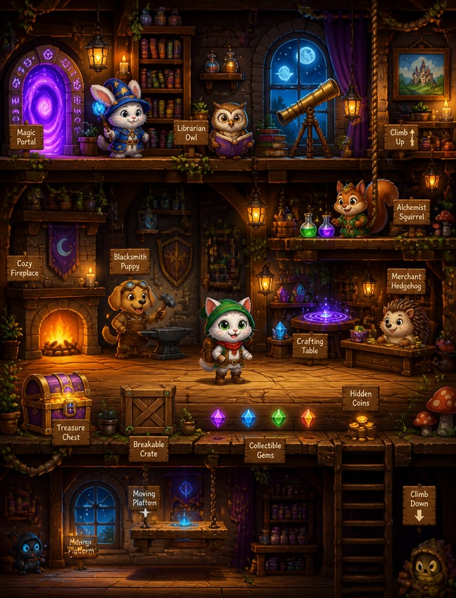A cozy magical witch's cottage interior for a cute 2D adventure platform game called Lily's World, w