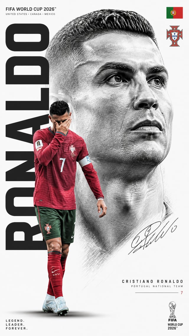 Create a premium FIFA World Cup poster design featuring Cristiano Ronaldo. Minimalist white backgrou