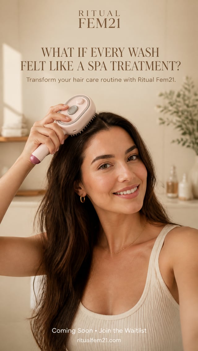 A realistic UGC-style vertical photo (1080x1920) for a beauty brand called Ritual Fem21. The scene f