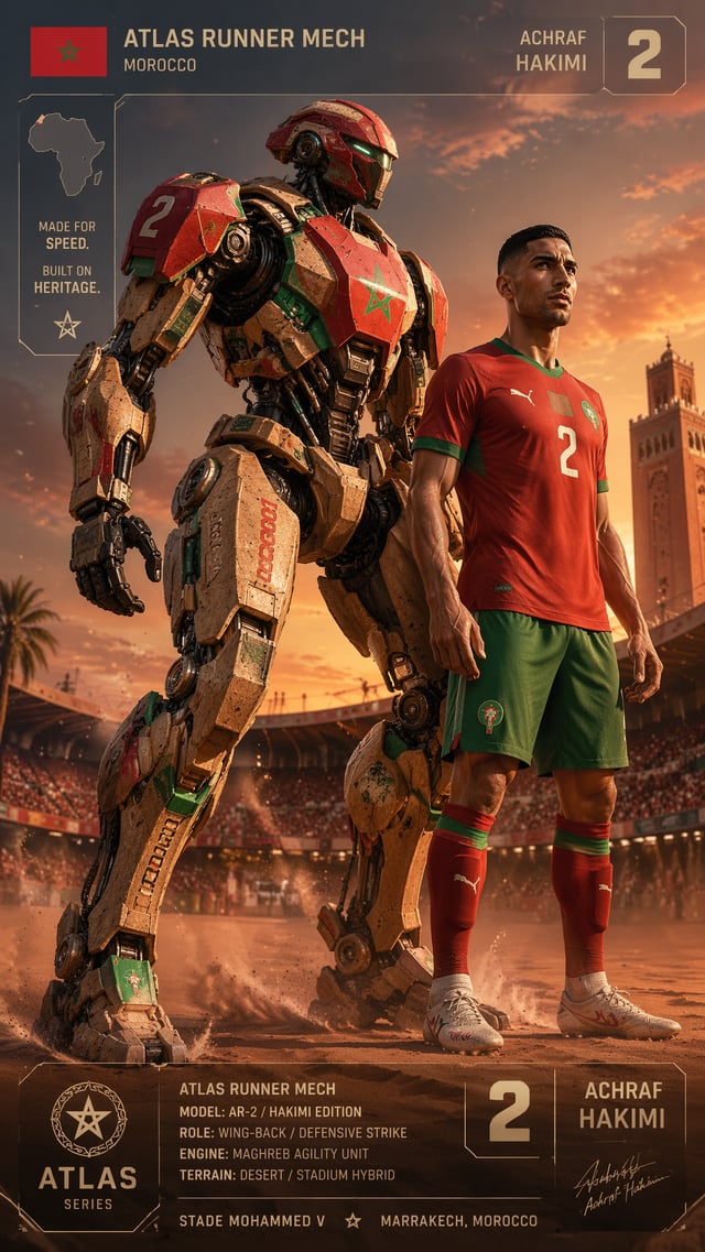 Morocco — Achraf Hakimi — Atlas Runner Mech “9:16 character card of ‘Atlas Runner Mech’, desert‑tune