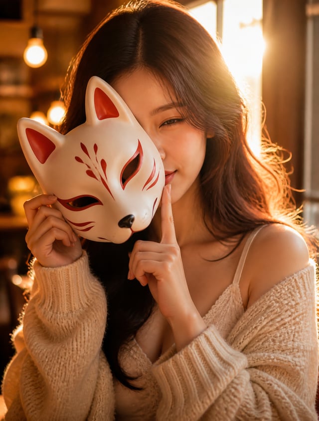 A young woman with cascading dark hair winks playfully, positioned in the foreground against a sun-d