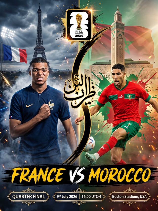 Ultra-detailed cinematic FIFA World Cup 2026 match poster, legendary clash between Morocco and Franc