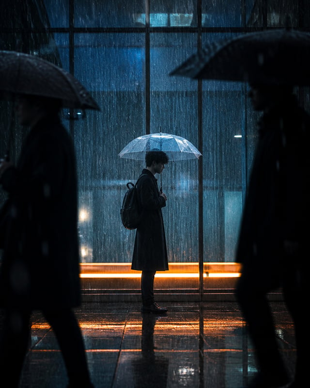 Vertical cinematic rainy city street photography, frame composition, blurred black silhouettes of pe