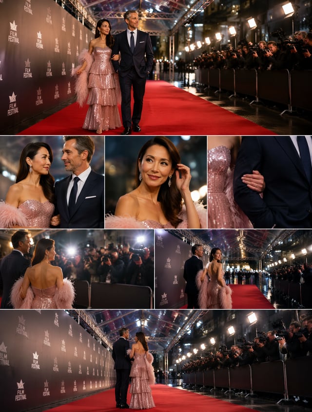 On a rain-kissed evening under a glass canopy, a glamorous thin couple, in their late 40s, glides on