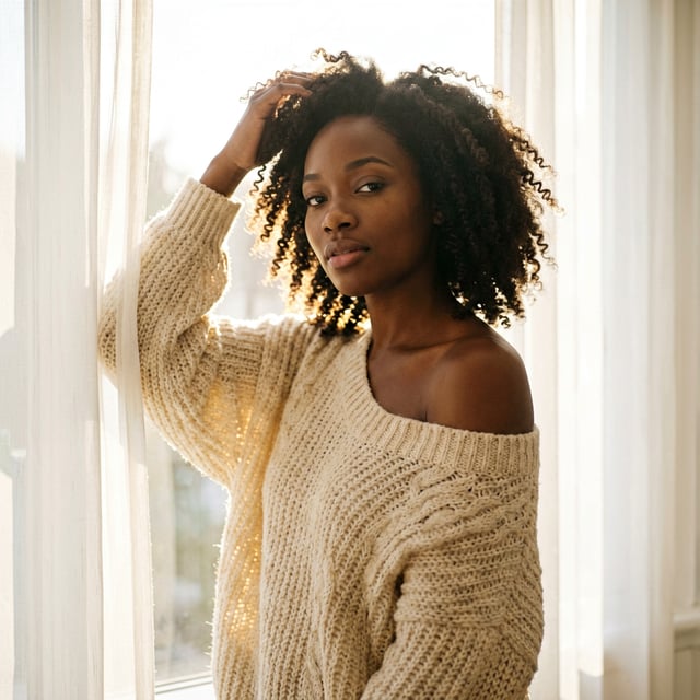 A 23-year-old Senegalese woman wears a loose-fitting, lightweight chunky-knit sweater that naturally