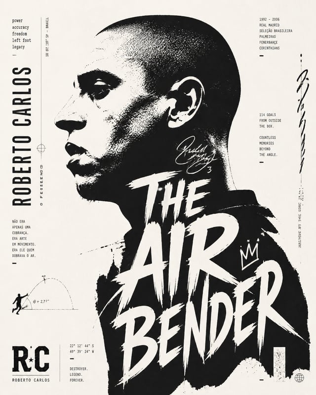 High-contrast black and white typographic portrait poster of Roberto carlos, shown in side profile w