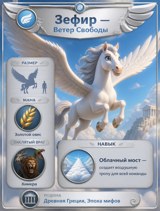Карточка персонажа детской MOBA-игры, стиль Pixar. Белокрылый конь Пегас парит на фоне облачного неб