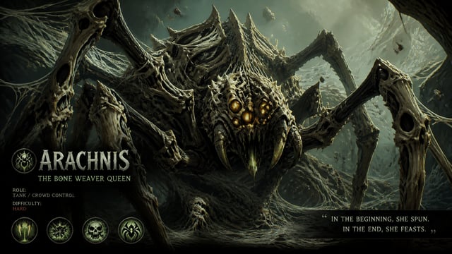 MOBA hero splash art in the style of Primal animated series, colossal prehistoric spider queen creat