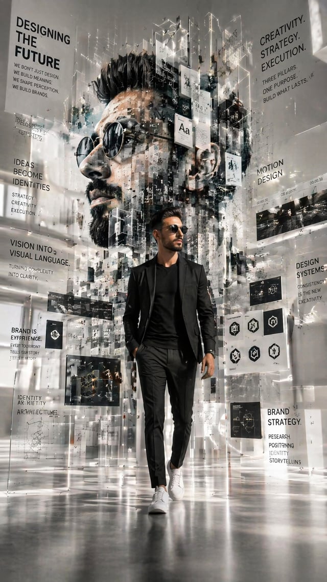 ```textA futuristic monochrome personal branding artwork featuring a creative professional who repre