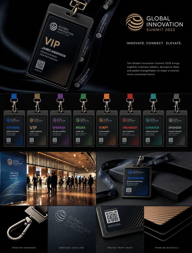 Create an award-winning collection of premium badge and lanyard branding mockup images for a large-s