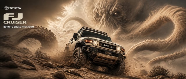 Create an ultra-premium cinematic key visual for the Toyota FJ Cruiser in a hyper-realistic desert s