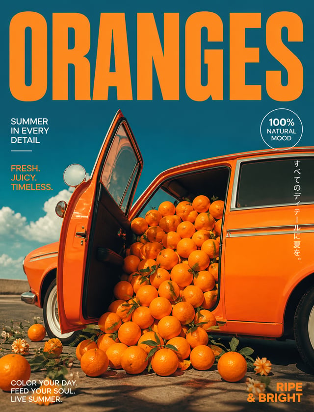 editorial poster  bold colors and surreal design. This visual of a vintage Oranges car side door ope