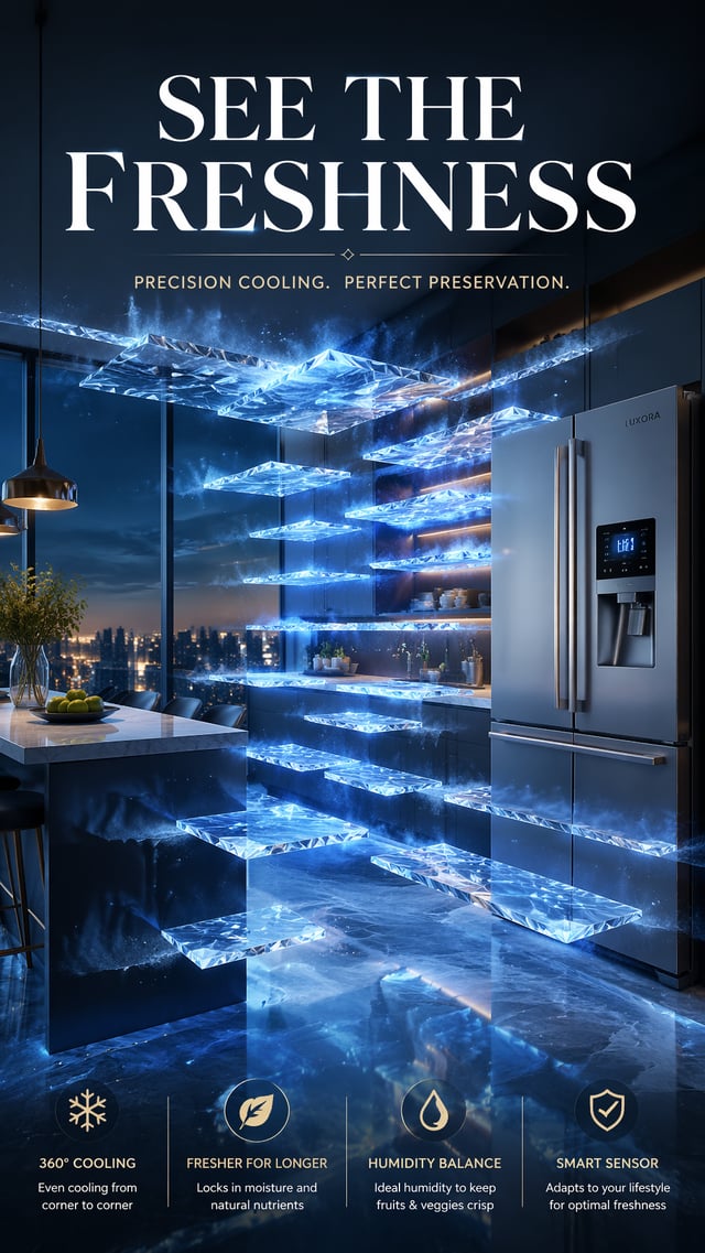 Luxury RefrigeratorCold air becomes floating blue crystal layers slowly filling the kitchen.Headline