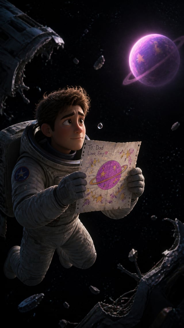 A young astronaut floats alone outside a broken spaceship, holds a hand-drawn map of stars made by h