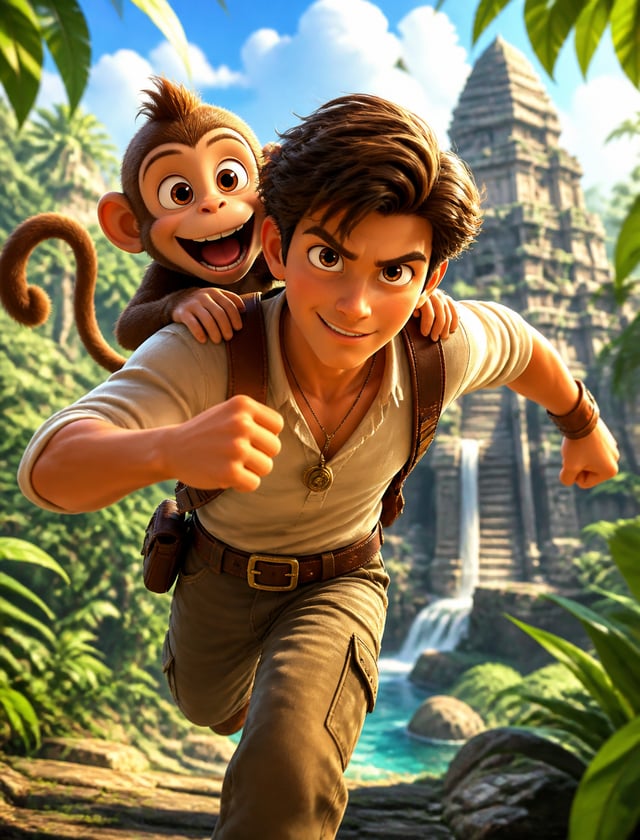 A stylized 3D animation character render of a brave hero running through a sunny, colorful tropical 