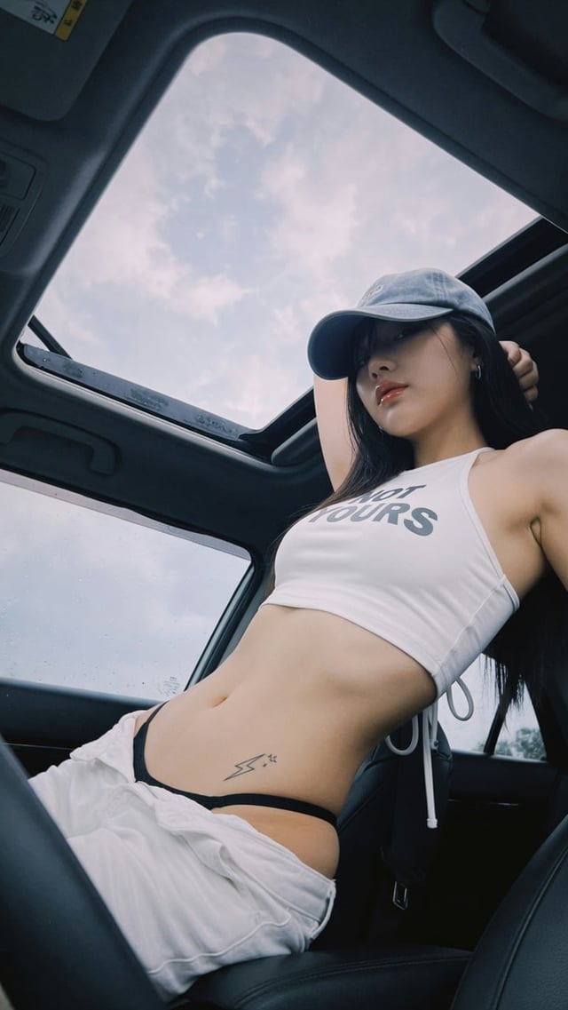 Vertical low-angle candid photo inside car, cool tone film texture, cute cool East Asian girl, long 