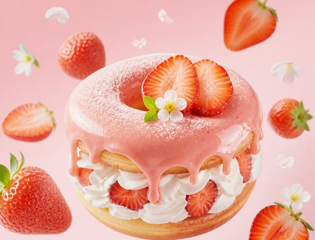 DONAT makanan penutup {FRUIT} yang hiper-realistis, komposisi terpusat, palet warna pastel {FRUIT_CO