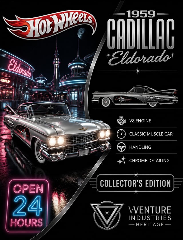 The image is a promotional poster for a Hot Wheels collector's edition of 1959 Cadillac Eldorado. Th