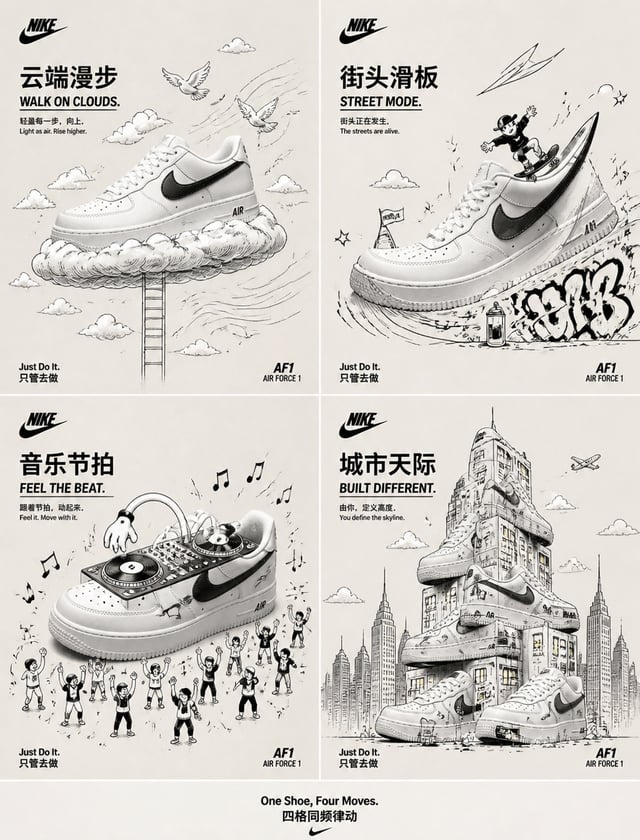 请生成一张高端2×2网格广告海报，为 Nike Air Force 1 创作。【版式】2×2等分四格，方形面板，均匀对齐，细微间距，统一视觉节奏。【背景】极简暖调米白纸纹，大量干净留白。【风格】精致黑