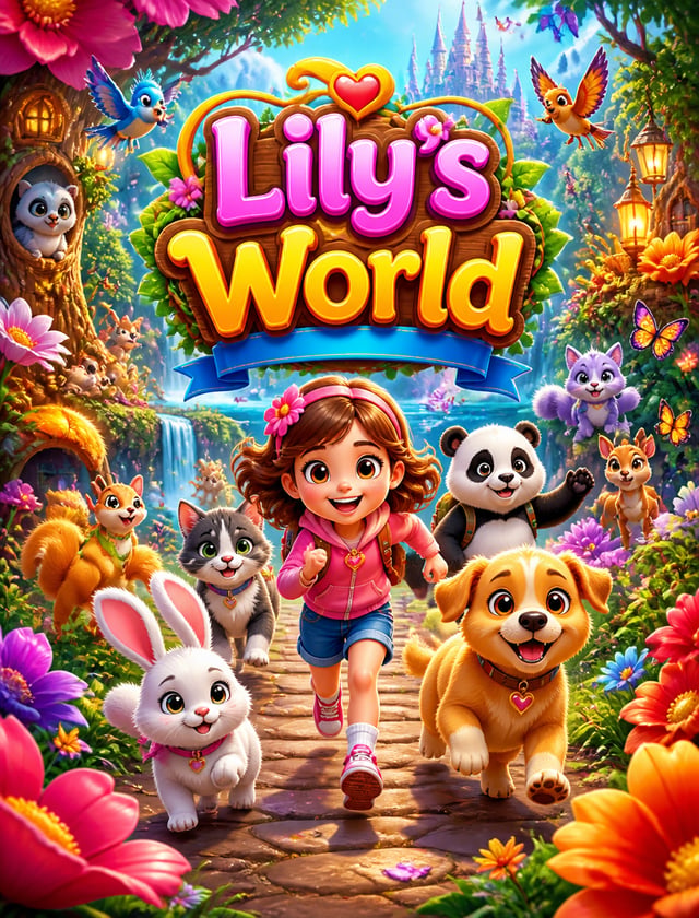 Create a colorful mobile game cover titled "Lily's World" featuring Lily exploring an enchanted anim
