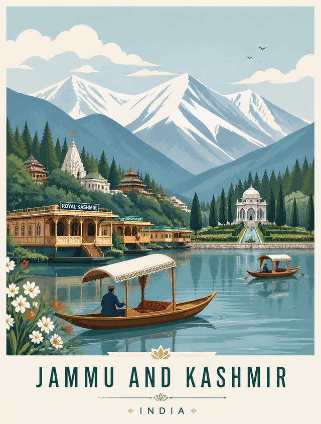 Create a premium editorial travel poster illustration of Jammu and Kashmir, India. Style: flat vecto