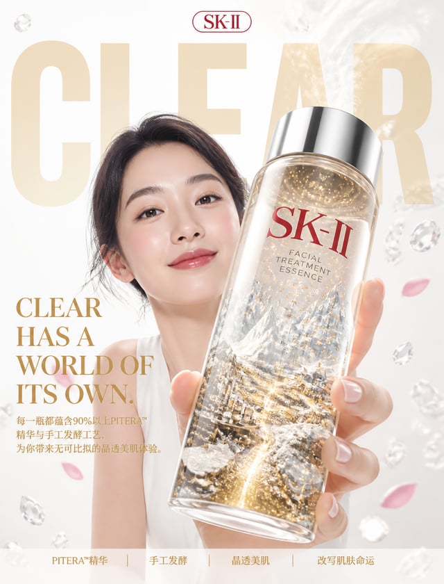 生成一张世界级品牌广告级护肤海报，采用大胆商业版式 × 超现实写实主义风格，照片级真实感，奢侈品编辑级视觉叙事，无AI痕迹。竖版构图，适配中国大陆社交媒体。核心创意："晶透自有其世界。" SK-II神