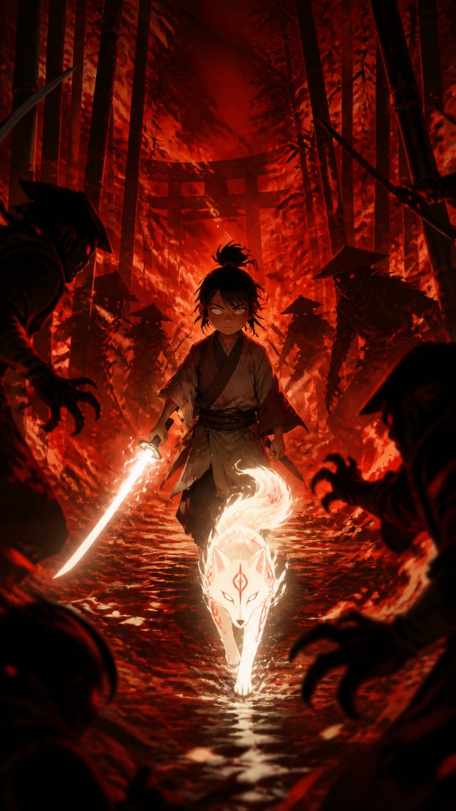 A blind samurai boy follows a glowing spirit fox through a burning bamboo forest, his sword radiatin